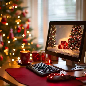 Festive Workspace with Christmas Decorations