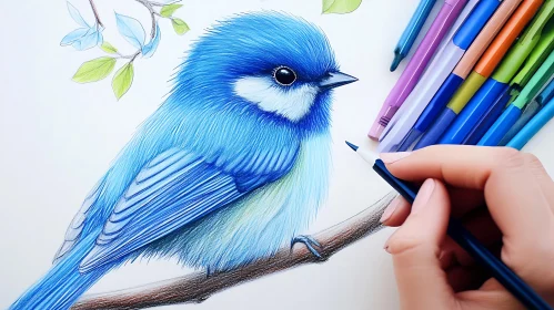 Hand-Drawn Blue Bird on Branch