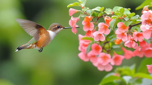 Hummingbird Feeding on Pink Flowers