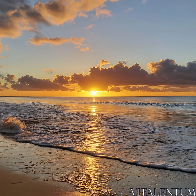 Peaceful Beach Sunset with Golden Light AI Image