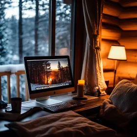 Warm Log Cabin Work Area with Snowy View and Sunset Scene on Screen