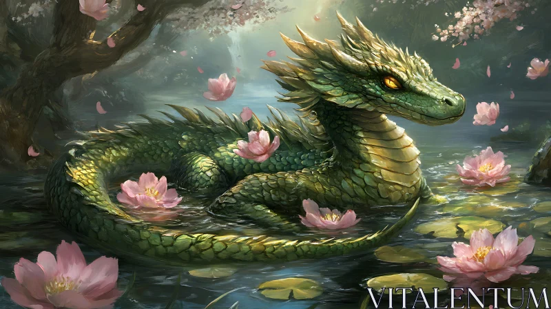 AI ART Serene Dragon with Pink Lotus Flowers