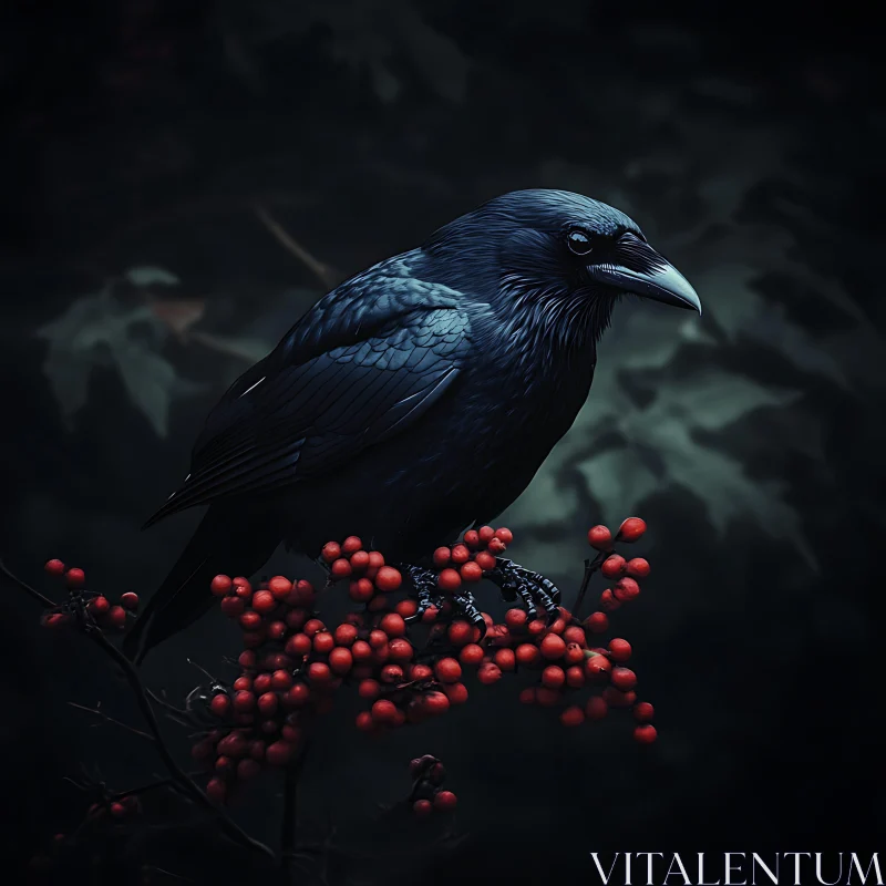 Black Raven with Red Berries AI Image