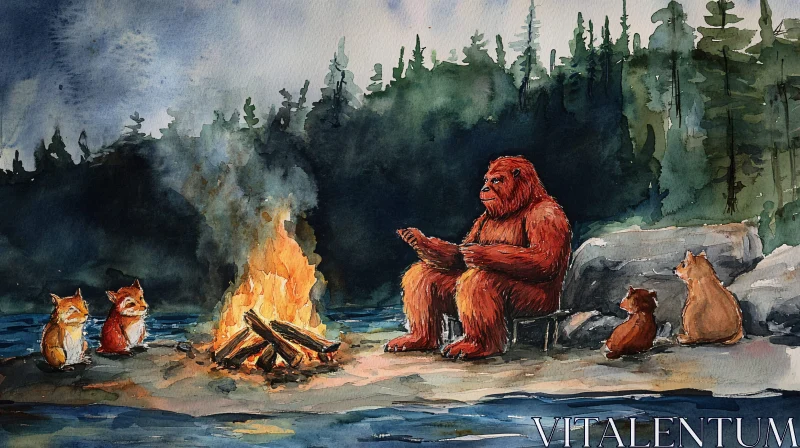 AI ART Watercolor Bigfoot with Animal Friends