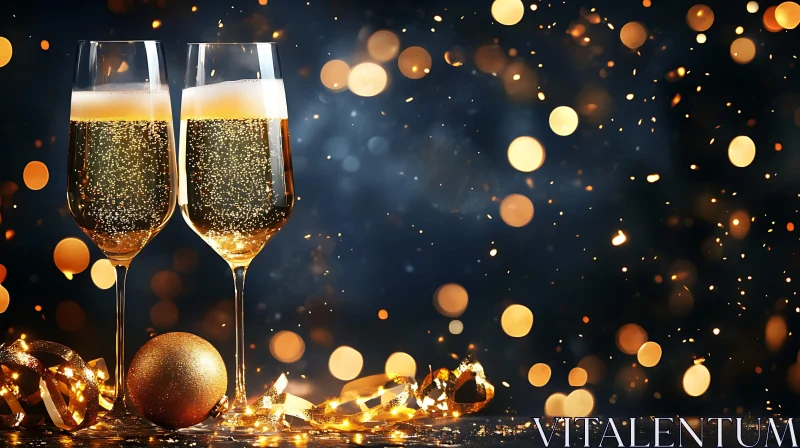 Golden Champagne Flutes with Bokeh Lights AI Image