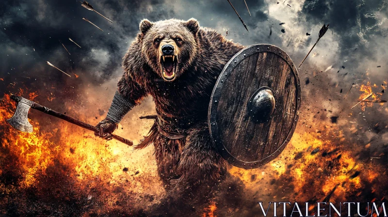 Fierce Bear Warrior with Axe and Shield AI Image