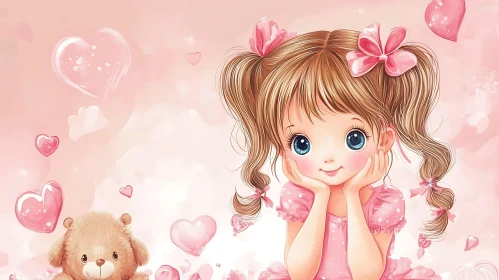 Adorable Girl and Teddy Bear Art