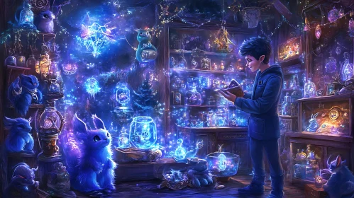 Boy Reading Book in Magical Shop