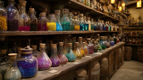 Old Potion Bottles on Wooden Shelves