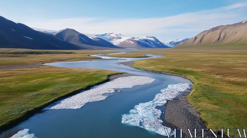 AI ART Tranquil River Valley in Mountainous Region