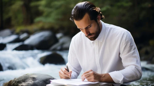 A Serene Forest: A Male Writer Captured Near a Waterfall