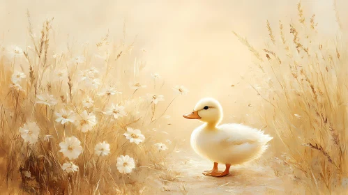 Peaceful Duckling Among Flowers