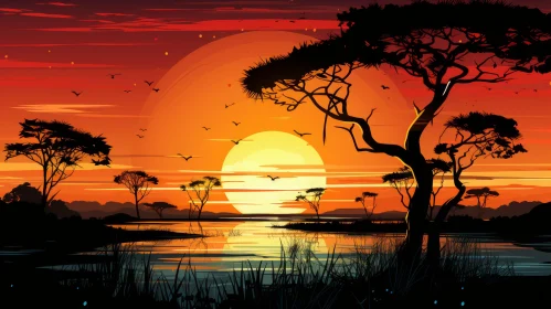African Savannah Sunset: A Blend of Nature and Pop Art
