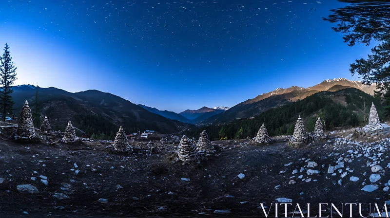 Starlit Mountain Vista with Stone Cairns AI Image