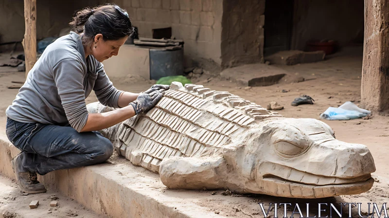 AI ART Clay Crocodile Sculpture by Woman