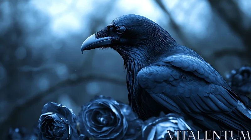 Monochrome Raven with Floral Accent AI Image