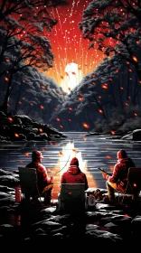 Captivating Artwork: Man Sitting by River, Watching Fire | Wildlife and Psychological Phenomena