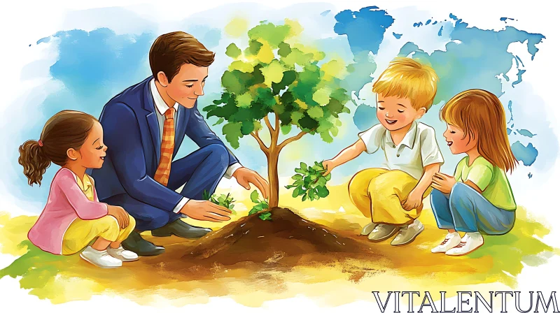 Kids Planting Tree Illustration AI Image