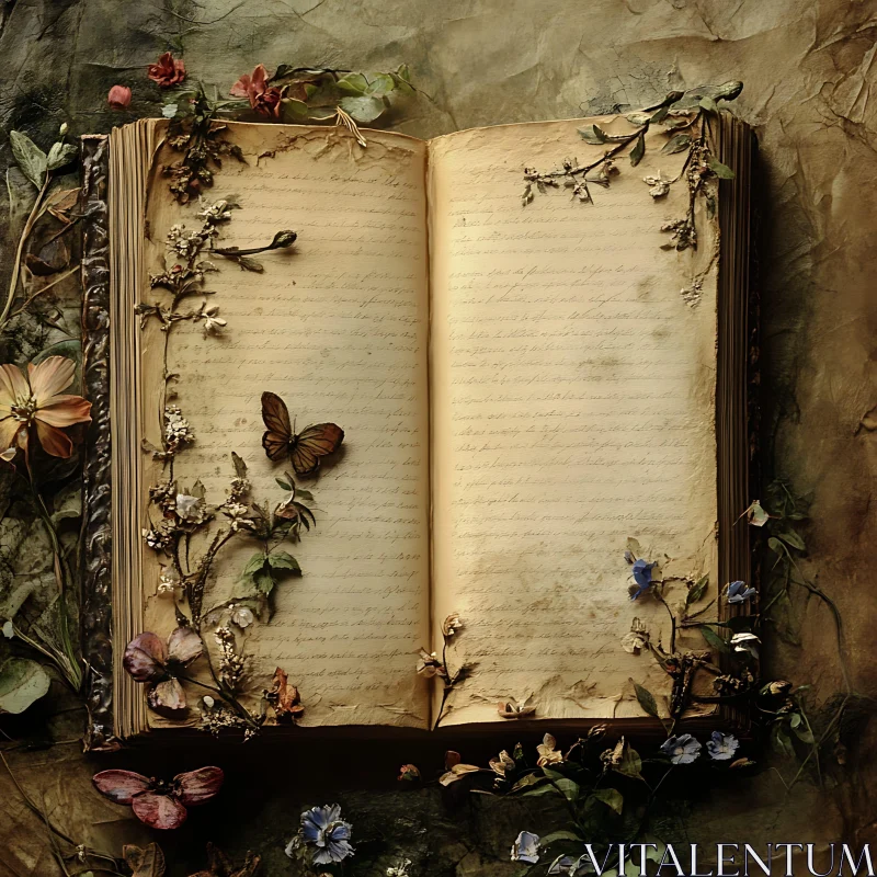 AI ART Vintage Book with Floral and Butterfly Embellishments