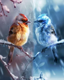 Contrasting Birds in Winter Scene