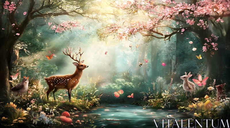 Magical Woodland with Deer by a Stream AI Image