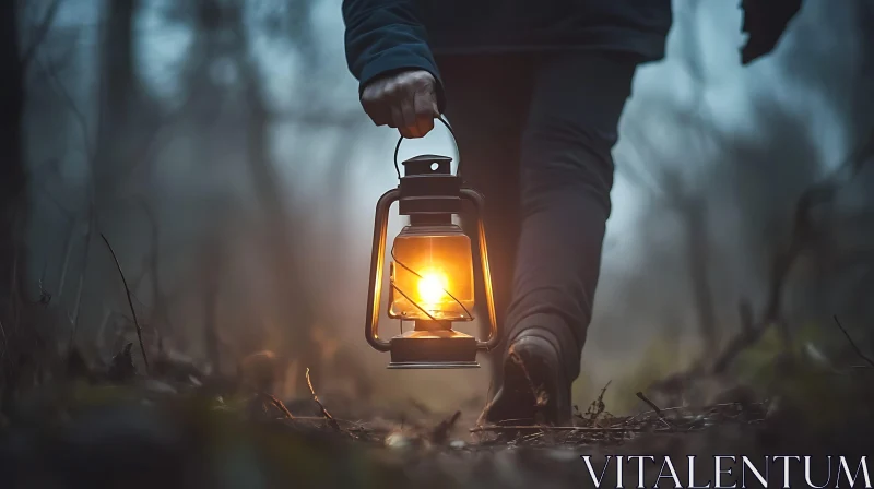 AI ART Person with Lantern in Misty Forest