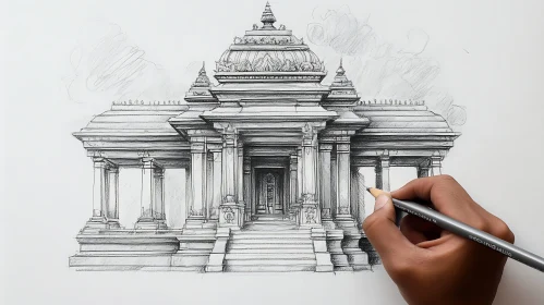 Detailed Temple Drawing in Progress