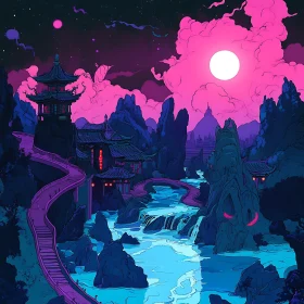 Surreal Asian Architecture at Night