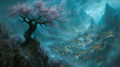 Enchanting Fantasy Landscape with Blossoming Tree and City