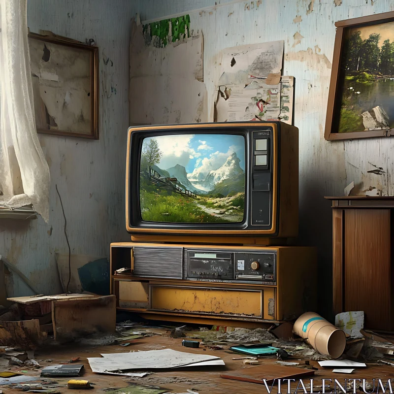 AI ART Vintage TV with Mountain Scenery