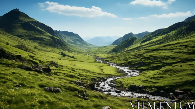 Majestic Green Valley with Flowing Stream - Captivating Nature Landscape AI Image