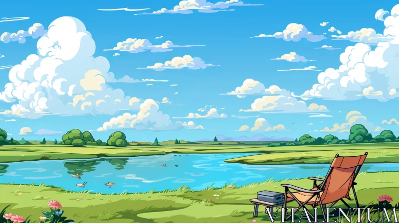Playful Cartoon Illustration of a Grassy Field with a Lake and an Umbrella AI Image