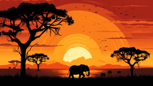 Sunrise and Elephant Silhouette in Savannah - Optical Illusion Landscape Art