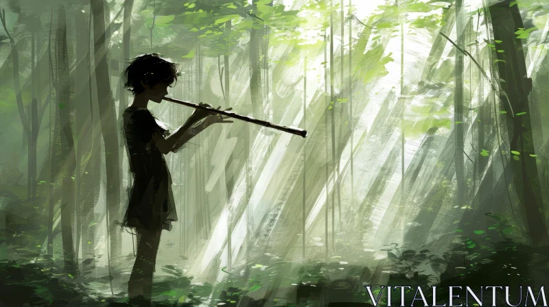 Tranquil Forest Painting: Serene Boy Playing Flute AI Image