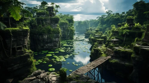 Tropical Rainforest Landscape with Ancient Ruins and Bridge