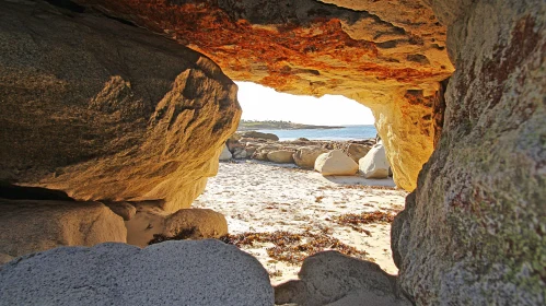 Scenic Beach Landscape Through Rock Opening