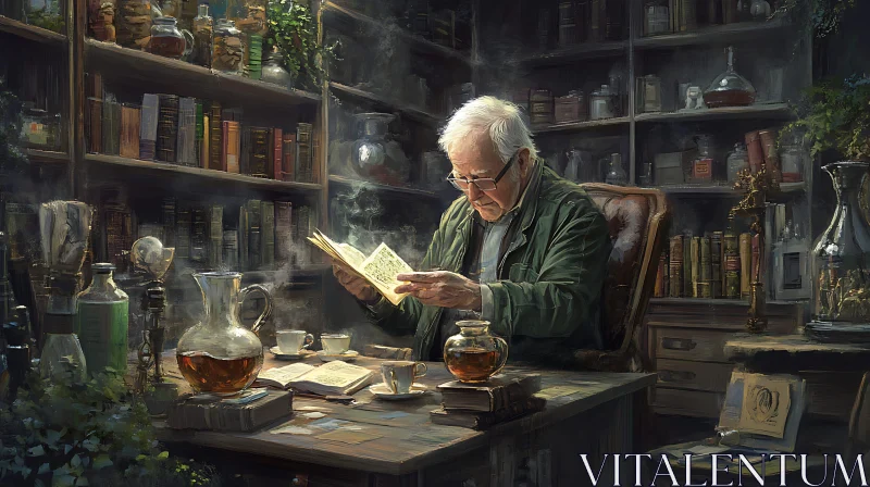 AI ART Man Reading Book in Vintage Room