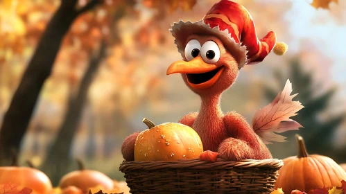 Autumn Cartoon Turkey and Pumpkins