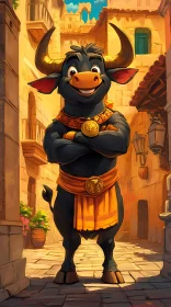 Smiling Animated Bull Character in Alley