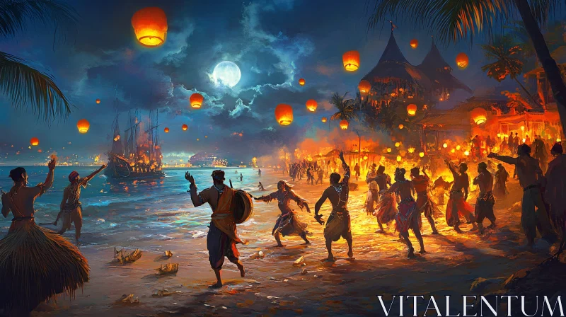 AI ART Night Beach Lanterns Celebration