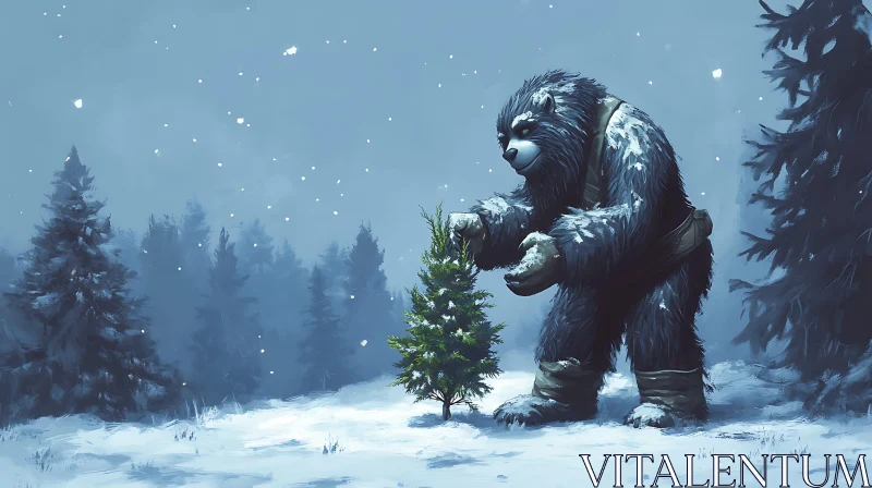 AI ART Snowy Forest Yeti with Christmas Tree