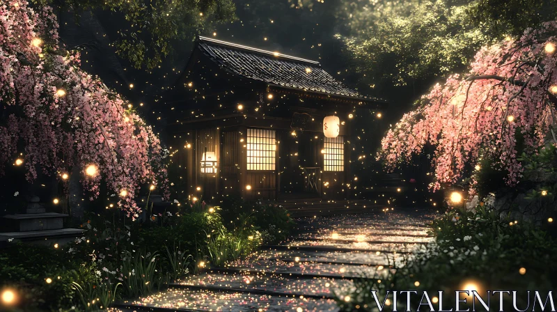 Japanese Architecture with Blossoms and Lanterns AI Image