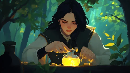 Forest Alchemist Creating a Glowing Potion