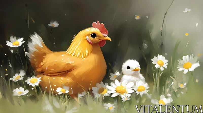 AI ART Hen and Chick in Floral Setting