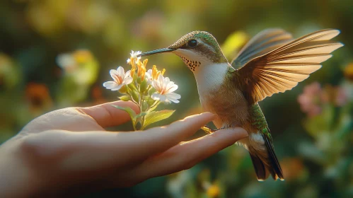 Tiny Bird on Hand with Flowers