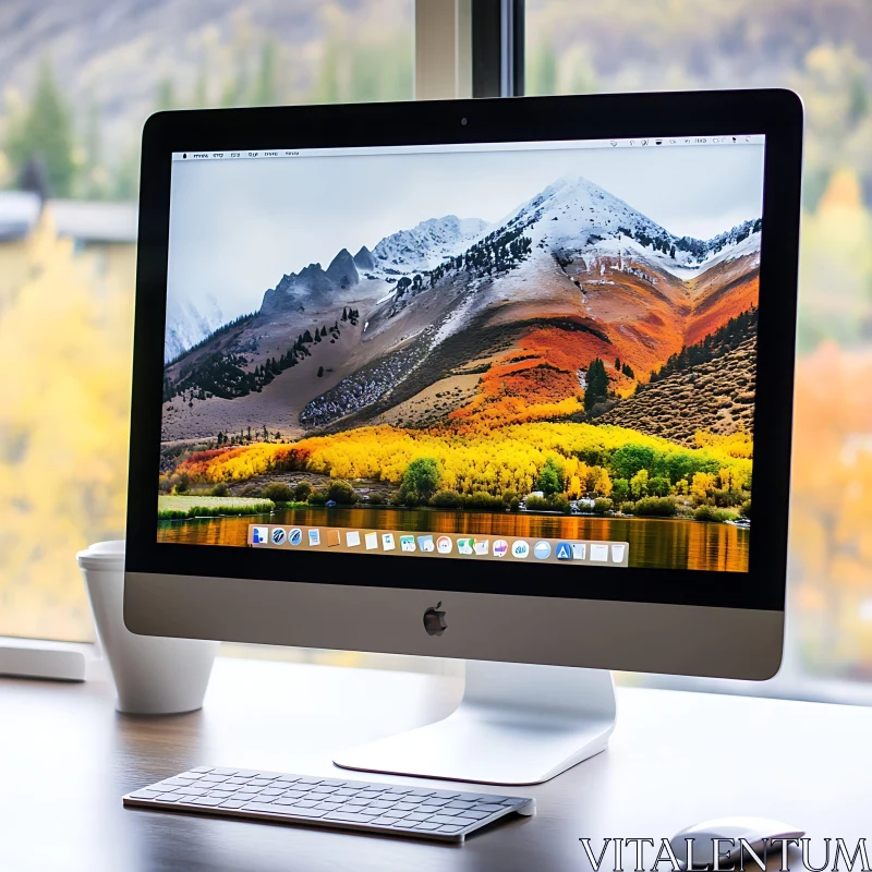 iMac Computer on Desk with Scenic Mountain View AI Image