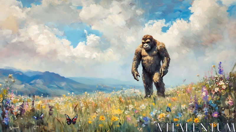 Sasquatch Among Wildflowers: A Painted Landscape AI Image