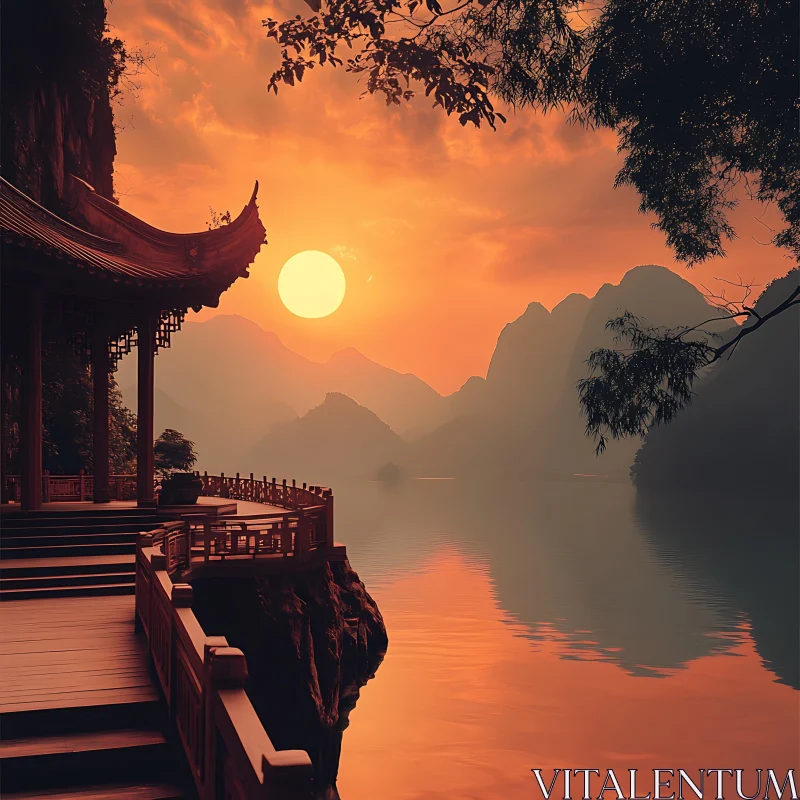 Sunset Serenity at Mountain Lake AI Image