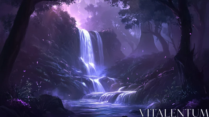 Mystical Forest Waterfall in Purple Hues AI Image