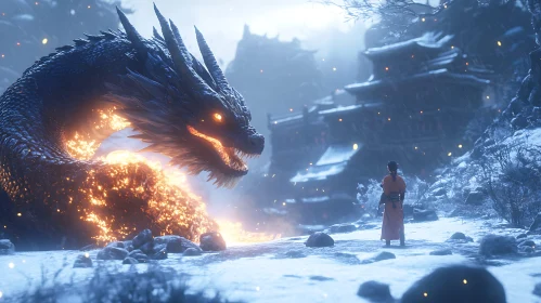 Fiery Dragon Confrontation in Winter Landscape